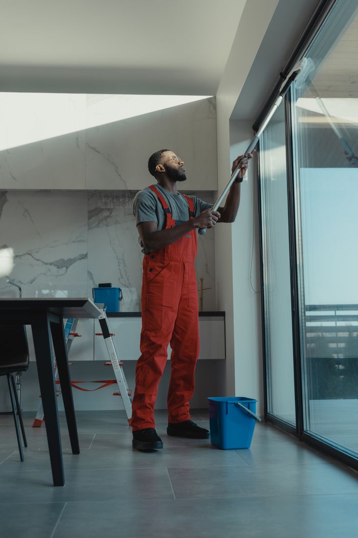 who-we-are A man in coveralls cleans a large window in a stylish, modern home interior.